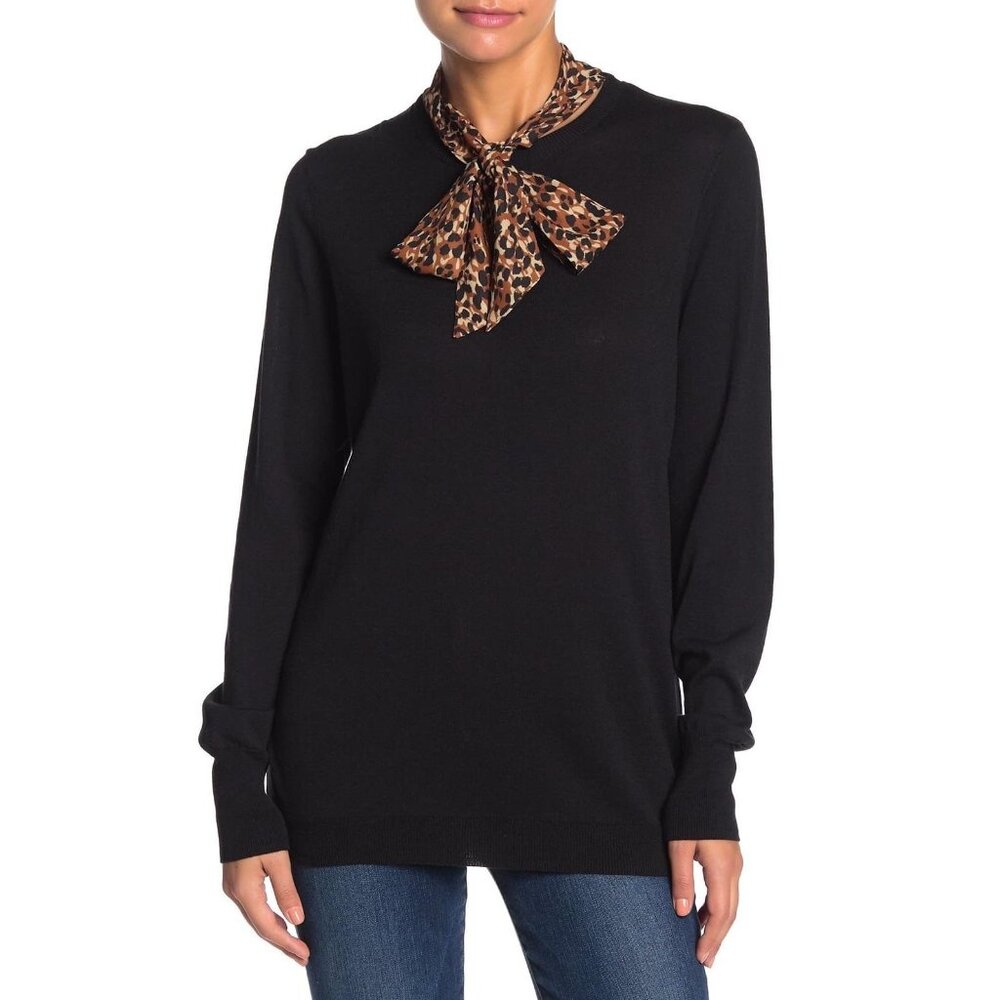 14th & Union Tie Scarf Knit Pullover Sweater Size Medium Black Animal Print New
